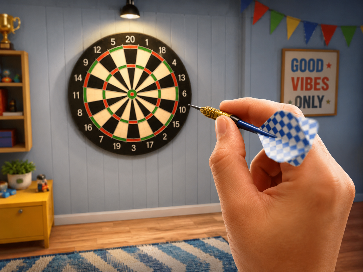 A realistic hand aiming a dart toward a dartboard